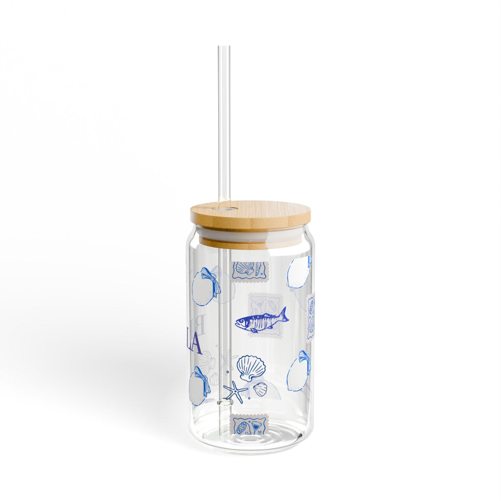 Personalized Glass Sipper Cup – Blue Floral Name Design (16oz)
