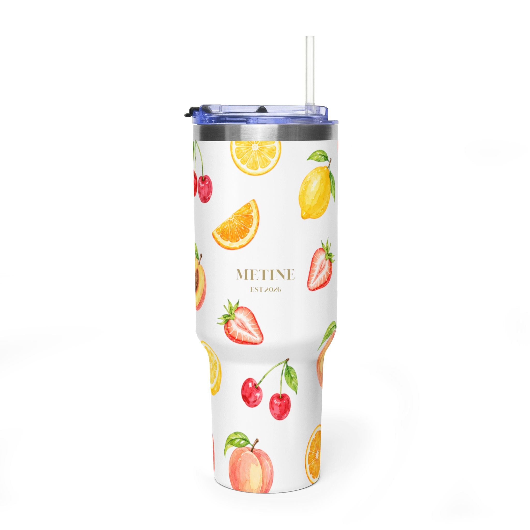 40oz Fruit Pattern Vacuum Tumbler – Insulated Travel Mug with Straw