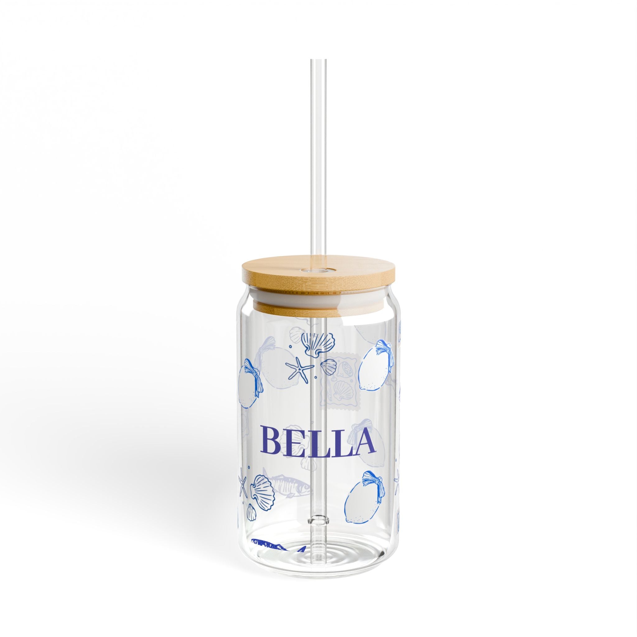 Personalized Glass Sipper Cup – Blue Floral Name Design (16oz)