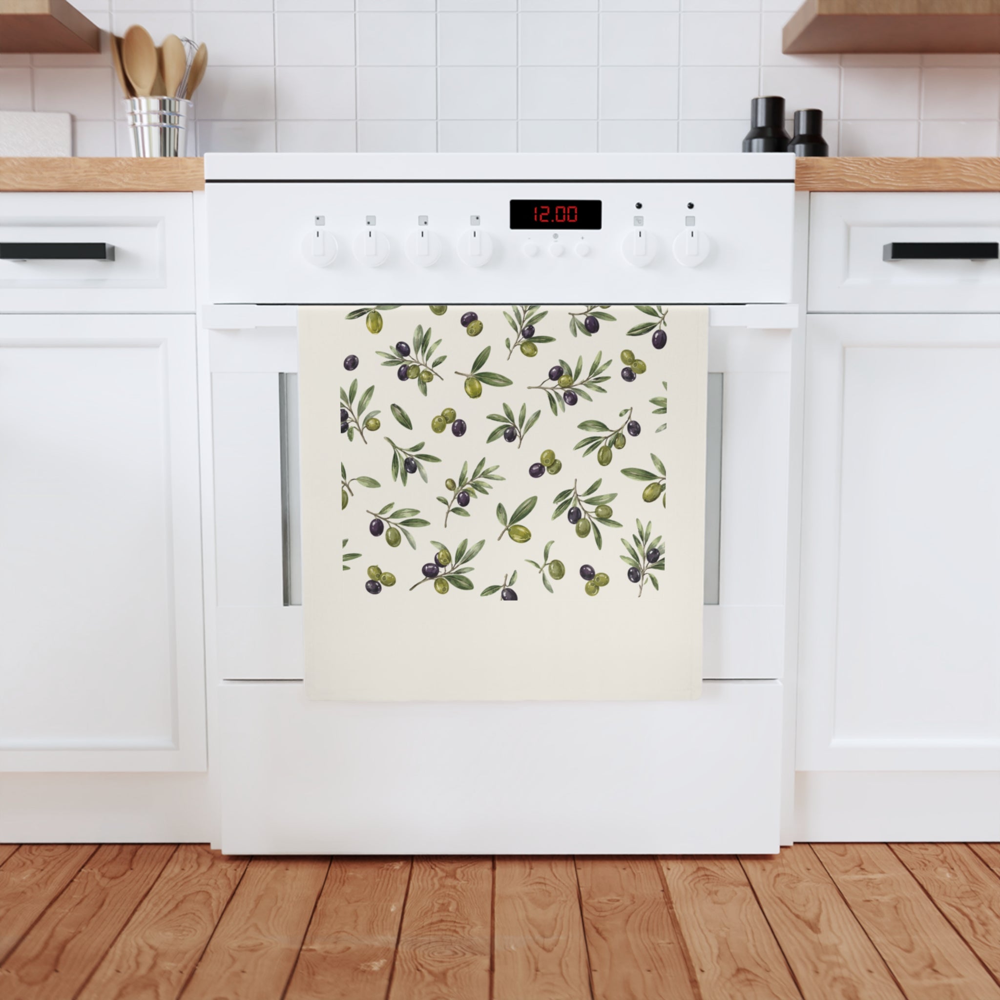 Olive Branch Cotton Tea Towel — Mediterranean Olive Pattern Kitchen Towel