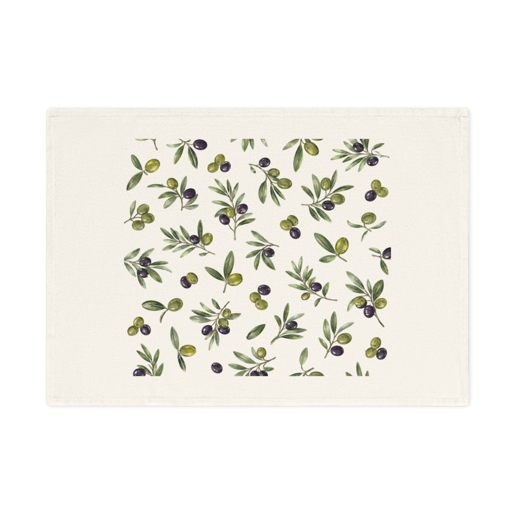 Olive Branch Cotton Tea Towel — Mediterranean Olive Pattern Kitchen Towel