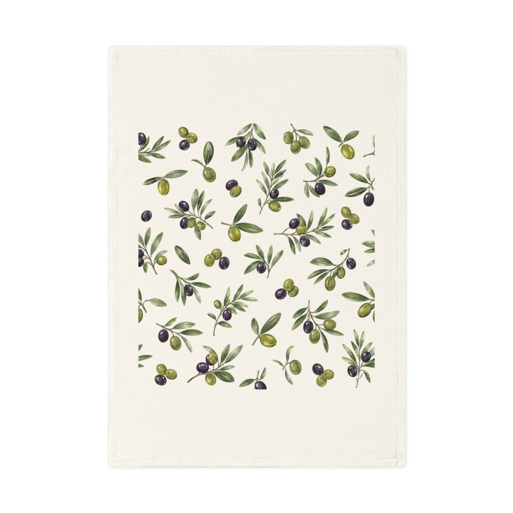Olive Branch Cotton Tea Towel — Mediterranean Olive Pattern Kitchen Towel