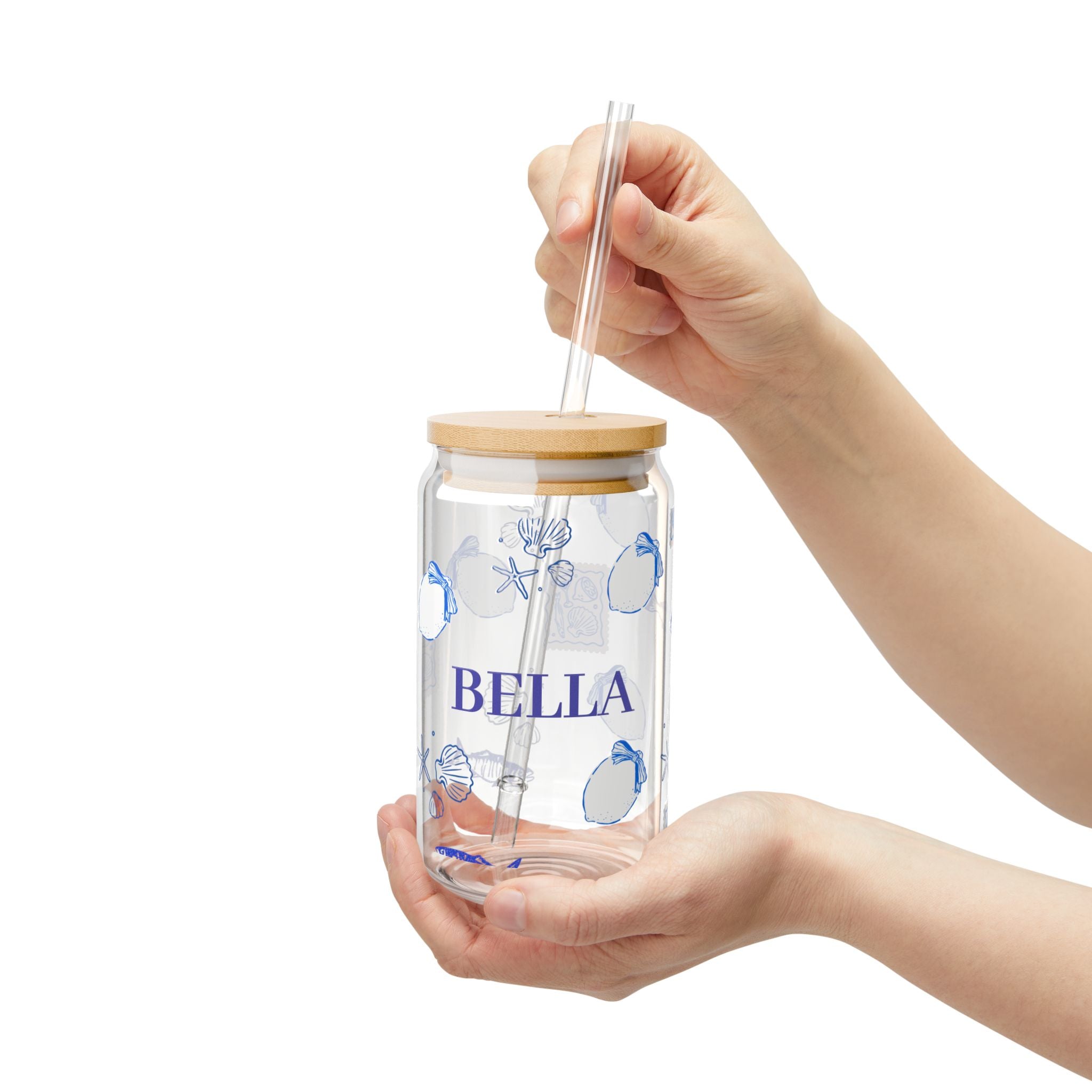 Personalized Glass Sipper Cup – Blue Floral Name Design (16oz)