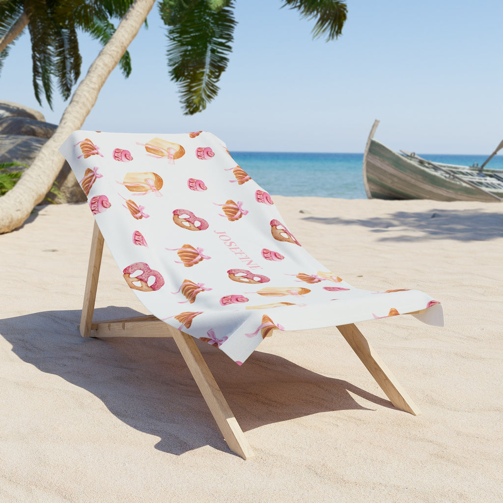 Personalized Pink Pastries Beach Towel – Custom Name Sweet Treat Pattern