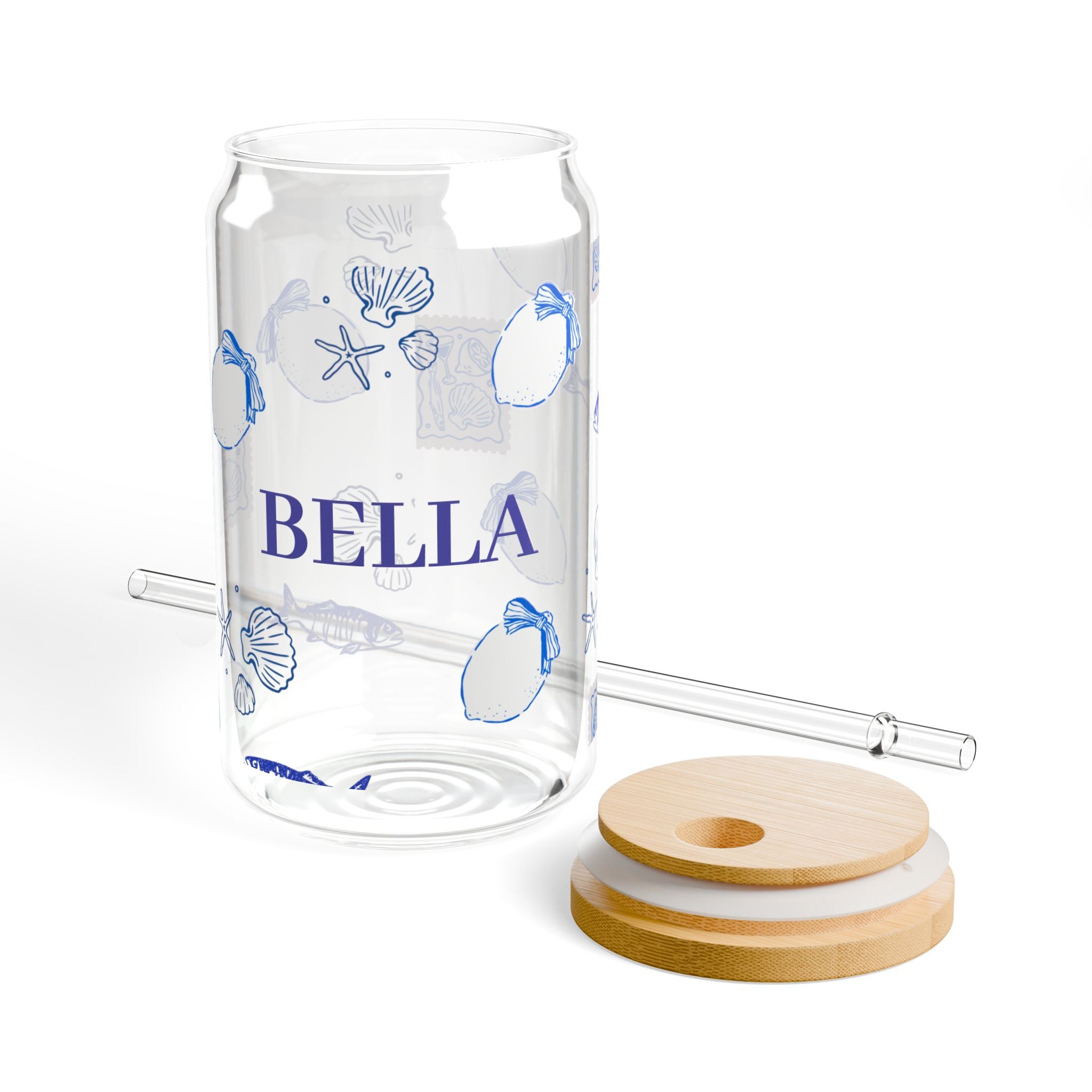 Personalized Glass Sipper Cup – Blue Floral Name Design (16oz)