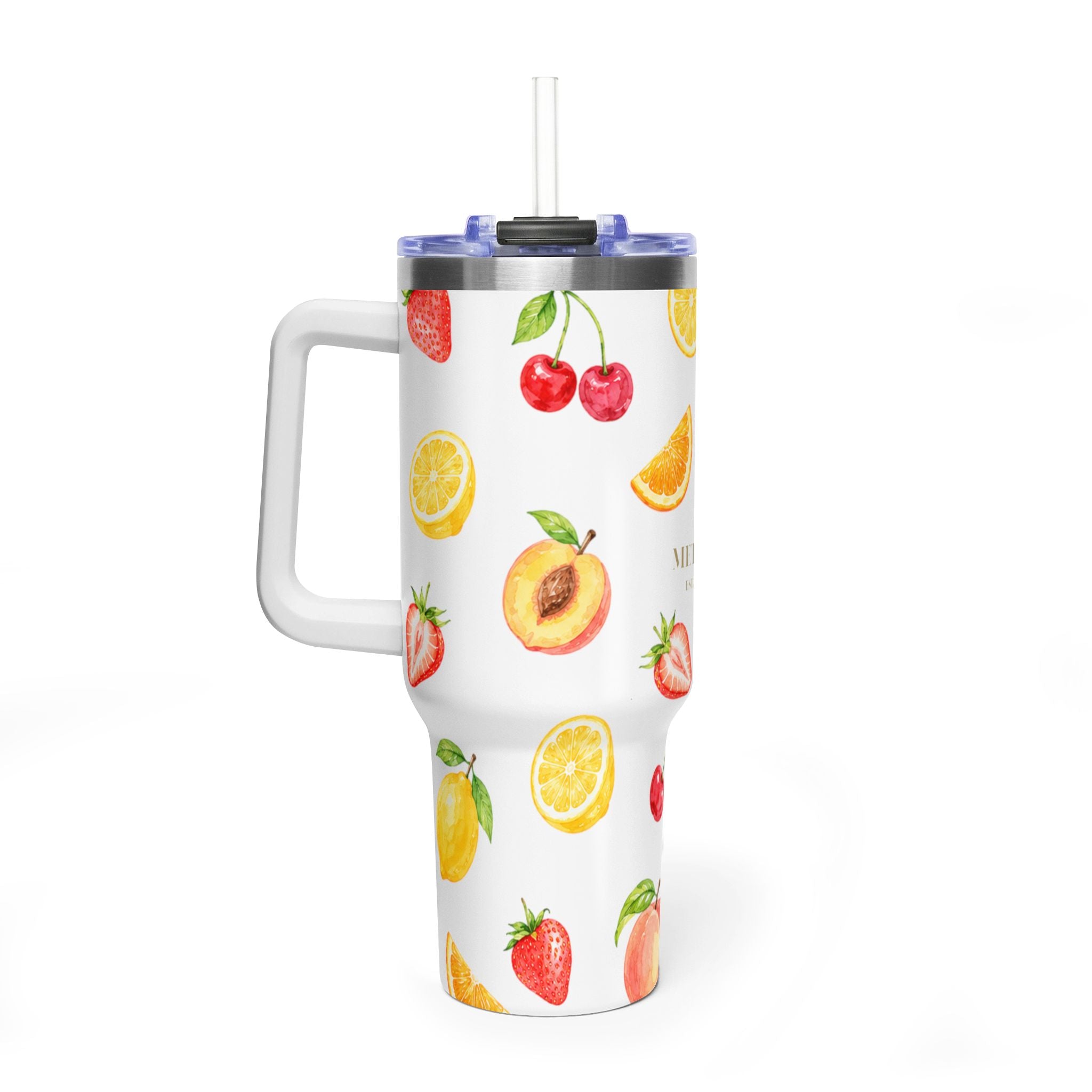 40oz Fruit Pattern Vacuum Tumbler – Insulated Travel Mug with Straw