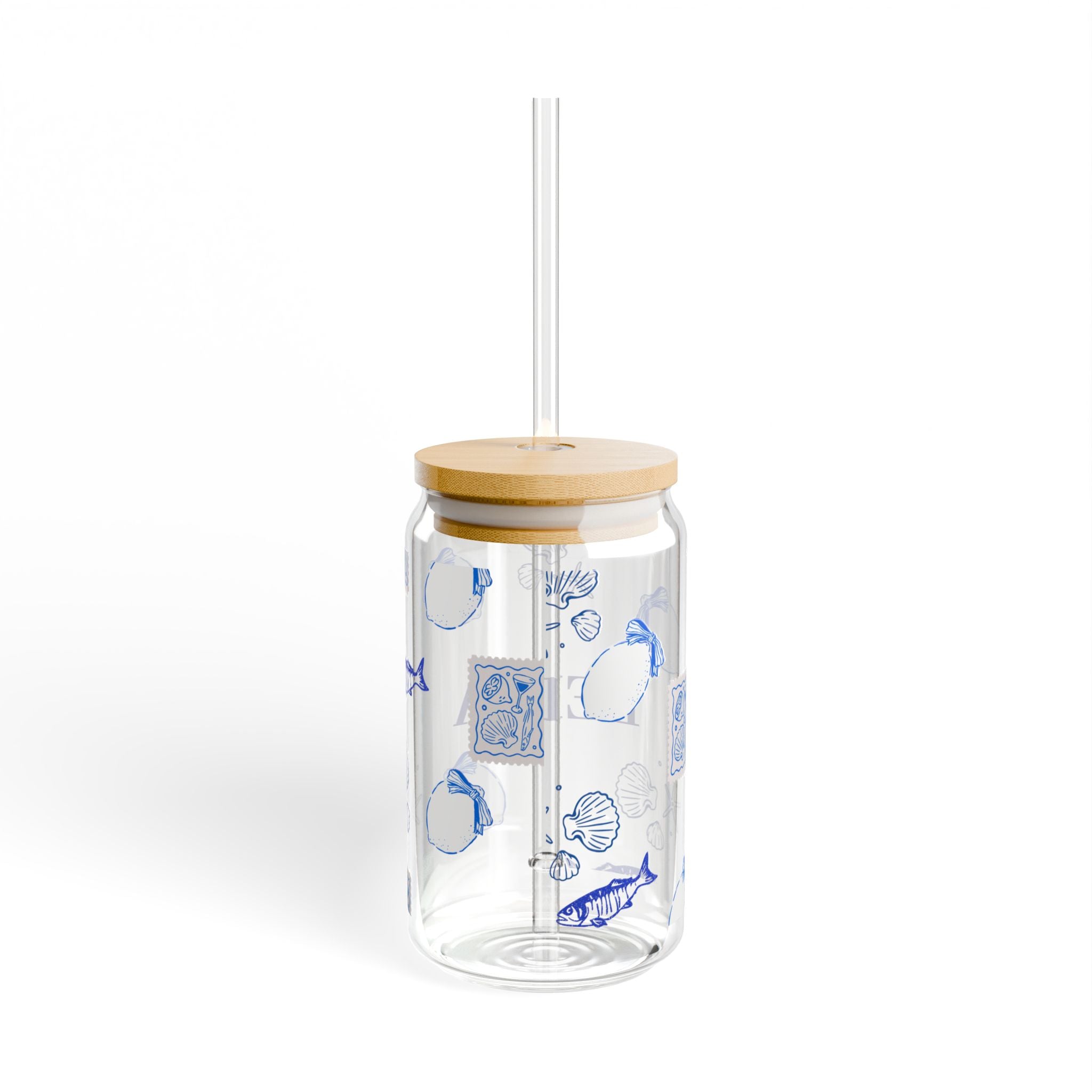 Personalized Glass Sipper Cup – Blue Floral Name Design (16oz)