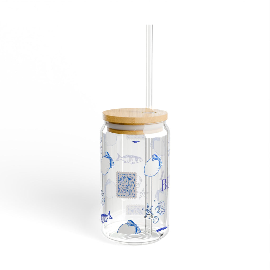 Personalized Glass Sipper Cup – Blue Floral Name Design (16oz)