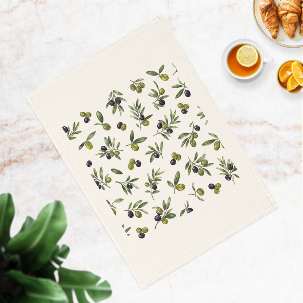 Olive Branch Cotton Tea Towel — Mediterranean Olive Pattern Kitchen Towel